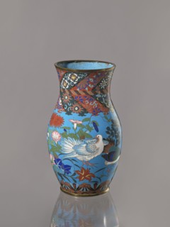 Vase, Vase with a thick neck, parted towards the spout. Cloisonné enamel on copper; the spout and