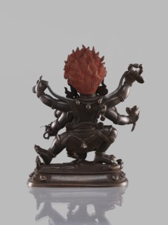 Six-armed Mahakala, dharmapala, sculpture in Tibetan Buddhist style, lotus throne iconography,
