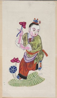 Menshen Gate Guardian in the form of a boy on an artemisia leaf;, artemisias; Chinese; Menshen Gate