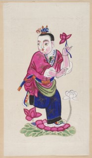 Boy on a lotus leaf with a lotus in his hand; creator, nianhua New Year's picture, Chinese, early