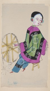 Young woman working with a spinning wheel; nianhua New Year's picture, early 20th century; Chinese;