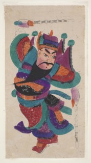 Menshen Gate Guardian, nianhua New Year's picture, shown with a raised club, early 20th century,