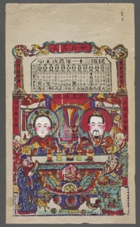 God of the Home Zaowang with his wife; unknown artist; gods; nianhua New Year's picture; shown