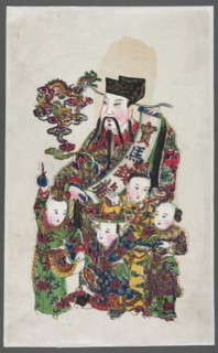 Menshen Gate Guardian surrounded by children; nianhua New Year's picture, Menshen Gate Guardian