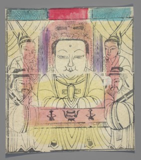 Goddess assisted by four acolytes; creator, Chinese; nianhua New Year's picture; early 20th
