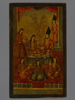 Mirror cover, Islamic art, Persian, Qajar dynasty 1785–1925; genre scenes: feasts, banquets,