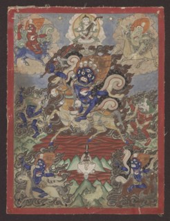 Palden Lhamo Sri Devi, unknown painter, mantras, dharmapala iconography, makaras, demons, skulls.