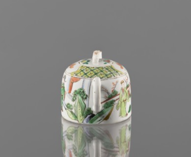 Teapot with lid;, Ceramics: colored porcelain teapot with figurative scenes; porcelain fragment