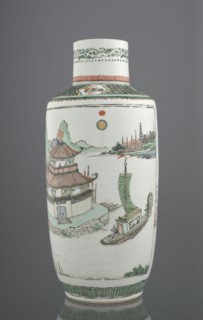 Vase, Chinese, Qing dynasty 1644–1911, colored porcelain, landscape and architectural motifs;