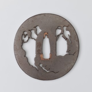 Crossguard tsuba, Higo school; maker Tokishige. Round tsuba maru-gata with rectangular edge kaku