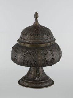 Censer, Persian, Qajar dynasty late 18th–19th century, Iran. Brass censer with figurative scenes of