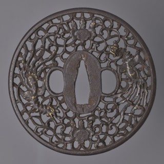 Crossguard tsuba, maker, images of birds; Japanese sword crossguard tsuba, namban style; materials: