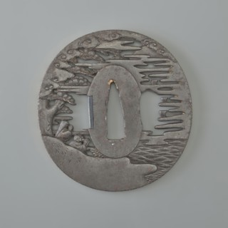 Crossguard tsuba, Takehara Tomomasa; oval tsuba tatemaru gata with rectangular edge; inlaid with