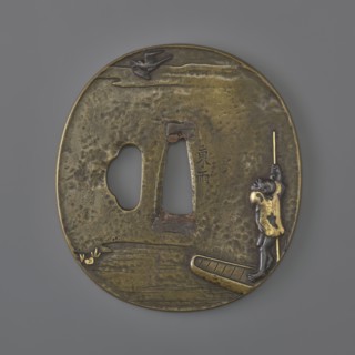 Crossguard tsuba, Tsuchiya Yasuchika 1670–1744. Oval tsuba tatemaru gata in copper with ryohitsu