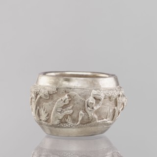 Bowl, South Asian, Indian; applied art vessel 19th/20th century. Depicts hunting iconography: