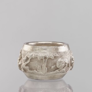 Bowl, 19th/20th century India, South Asian; applied art vessel depicting hunting scenes with