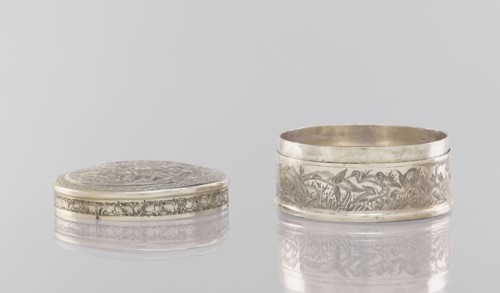 Box with a lid, 19th century, India; Indian; painted metal vessel with applied decoration depicting