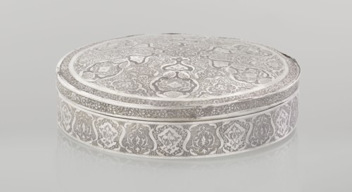 Lidded box, Islamic art, Persian, Qajar dynasty 1785–1925, geometric and floral motifs, plant