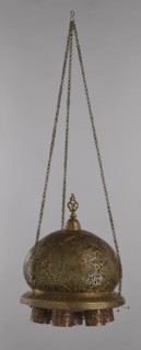 Lamp, Islamic art, Arabic culture; metal oil lamp with Arabic inscriptions and geometric ornament.