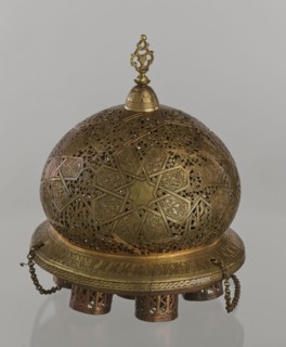 Lamp, creator unknown, Islamic art, Arabic culture; metal oil lamp with geometric ornament and