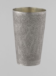 Mug, Islamic Mughal, Indian; 19th century, North India probable. Silver mug densely decorated with