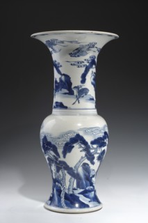 Zun-type baluster vase, ceramics, porcelain, blue and white porcelain, deer, pines, rocks, Kangxi