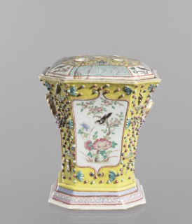 Vase with a lid, ceramics, colored porcelain, openwork flat perforated lid; decorated with flowers,