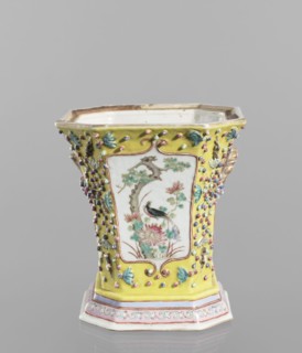 Vase with a lid; ceramics; colored porcelain; openwork; flat perforated lid; Chinese; 19th century