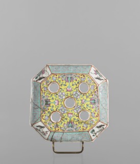 Vase with a lid, ceramics, colored porcelain, openwork perforated lid, decorated with flowers,