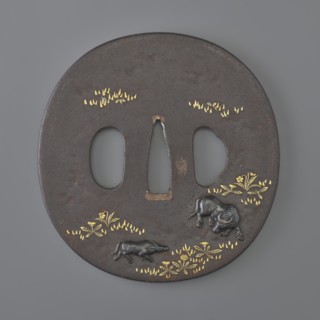 Crossguard tsuba, Ichiryûsai Masamitsu; Shôami school. Oval tsuba tatemaru gata decorated in high