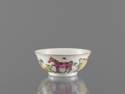 Bowl, colored porcelain, landscape motifs, Qing style, Chinese, horses, bowl on a ring-shaped foot,