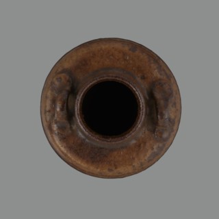 Tea canister chaire of the mimitsuki type. Brown container with two handles and a lid in a navy