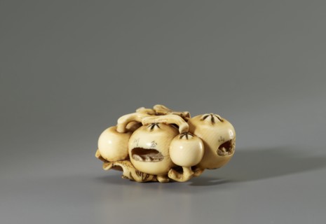 Netsuke in the shape of a twig with biwa loquat fruits, Gyokuhôsai signature of Yamada Bunjiro,