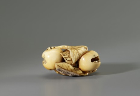 Netsuke in the shape of a twig with biwa loquat fruits, Gyokuhôsai signature of Yamada Bunjirô,