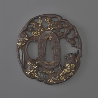 Crossguard tsuba, Sôten school, Kitagawa Sôten attributed, pines, bamboos, plants, waterfall, Uba