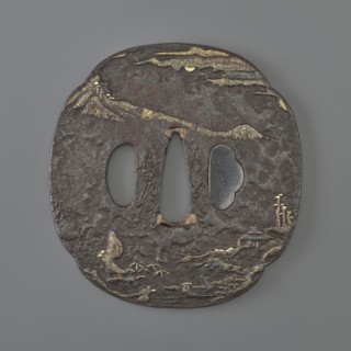 Crossguard tsuba. Maker: Jakushi; Kizaemon. Tsuba in the shape of a mokkô quatrefoil, with a kôgai