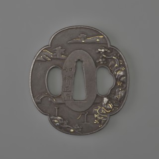 Crossguard tsuba, sword crossguard, landscape motifs, tsubas, fishermen, Japanese art and culture,