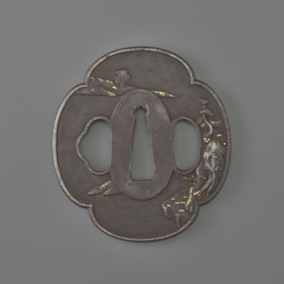 Crossguard tsuba, sword crossguard with landscape motifs depicting fishermen, bridges, rocks, and