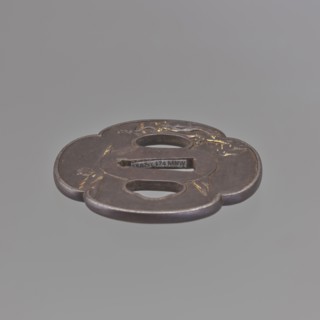 Crossguard tsuba, sword crossguard, landscape motifs depicting fishermen, bridges, rocks, and
