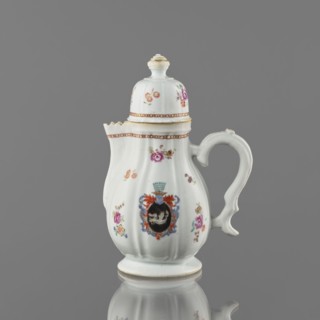 Jug with a lid, ceramics with enamel paints, Canton China, Qing style, colored porcelain export