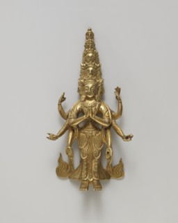 Guanyin, figurine, Chinese/Tibetan art, bodhisattva iconography, heads, flames, hands; 19th