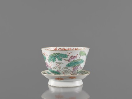 Bowl with stand, ceramics. Colored porcelain bowl decorated with lotuses; stand decorated inside