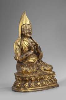 Gelukpa teacher, unknown sculptor; Tibetan Buddhist art, Himalayan; mudras, lotus throne, headgear;