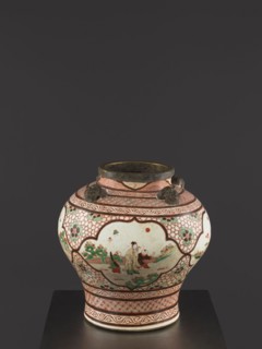 Vase, Colored porcelain vessel, Qing dynasty mid-18th century, China. Mascarons on the shoulder;