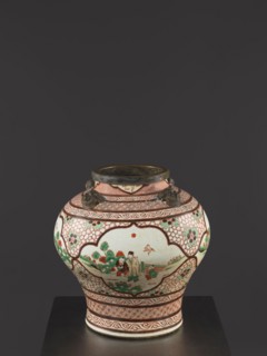 Vase., Colored porcelain with gilded edge. Mascarons on the shoulder; decoration: four reserves
