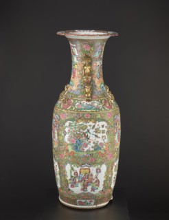 Vase, Chinese; figurative court scenes with butterflies, floral and plant ornaments; colored