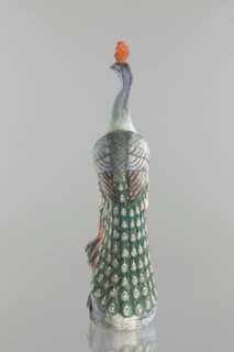 Peacock figurine, Chinese, Qing dynasty 1644–1911, 19th century. Colored porcelain sculpture