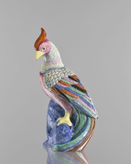 Rooster figurine, Chinese, Qing 1644–1911, 19th century, colored porcelain ceramic sculpture of a