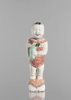One of the Hehe Er Xian brothers holding a vase with lotus buds;, Chinese; Qing dynasty, Kangxi