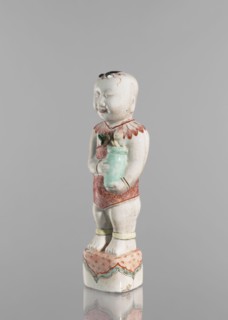 One of the Hehe Er Xian brothers holding a vase with lotus buds;, Chinese, Qing dynasty, Kangxi